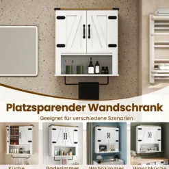Badezimmerschrank mit Handtuchhalter Bauernhaus-Medikamentenschrank mit Scheunentüren & verstellbarem Regal Weiß