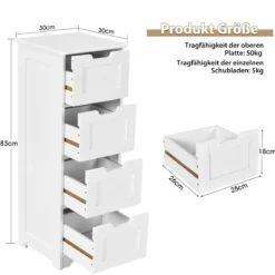 Badezimmerschrank mit 4 Schubladen Aufbewahrungsschrank Badkommode 30 x 30 x 83 cm Weiß