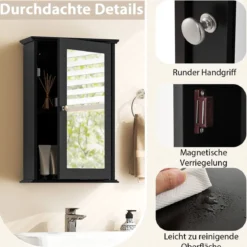 Badezimmerschrank mit Spiegel Medizinschrank mit verstellbarem Regal & Einzeltür Mehrzweck-Wandschrank Schwarz