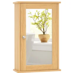Badezimmerschrank mit Spiegel Medizinschrank mit verstellbarem Regal & Einzeltür Mehrzweck-Wandschrank Natur