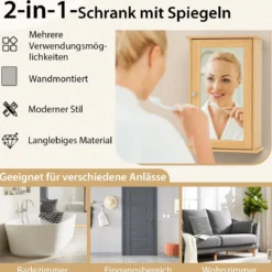Badezimmerschrank mit Spiegel Medizinschrank mit verstellbarem Regal & Einzeltür Mehrzweck-Wandschrank Natur