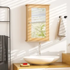 Badezimmerschrank mit Spiegel Medizinschrank mit verstellbarem Regal & Einzeltür Mehrzweck-Wandschrank Natur