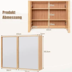 Badezimmerschrank mit Spiegel & Doppel-Türen & 2 Verstellbaren Regalen Bambus Spiegelschrank