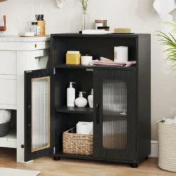 Badezimmerschrank mit 2 Türen & 3-stufig Verstellbarem Regal Freistehender Badschrank Schwarz