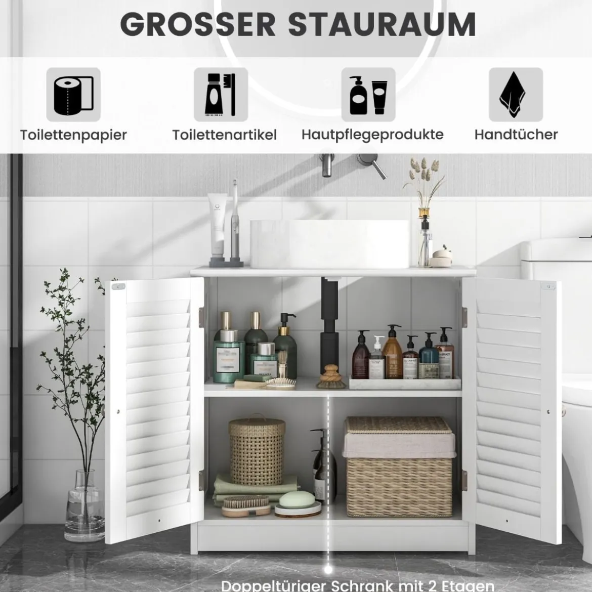 Badezimmerschrank mit 2 Türen & Verstellbaren Regal Waschbeckenunterschrank in Landhausstil