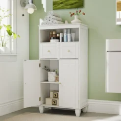 Badezimmerschrank moderner freistehender Aufbewahrungsorganizer mit Türen Weiß