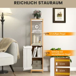 Badezimmerschrank schmal mit Lamellentür und verstellbarem Regal Badschrank Bambus Natur