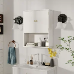 Badezimmerschrank zur Wandmontage 2-türiger Medizinschrank mit offener Ablage Weiß