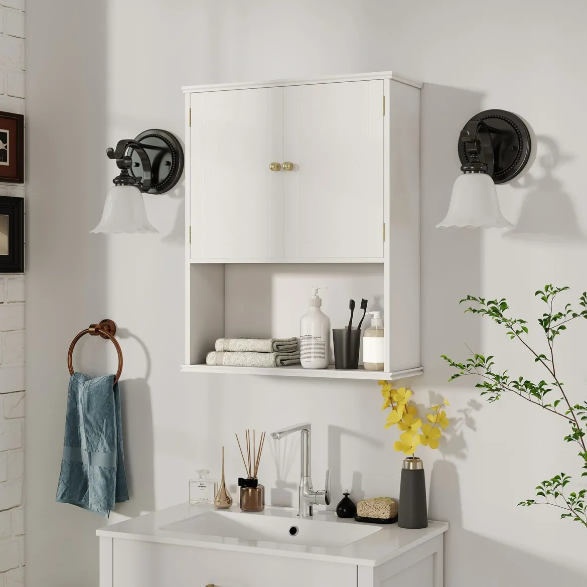 Badezimmerschrank zur Wandmontage 2-türiger Medizinschrank mit offener Ablage Weiß