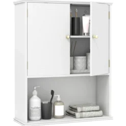 Badezimmerschrank zur Wandmontage 2-türiger Medizinschrank mit offener Ablage Weiß
