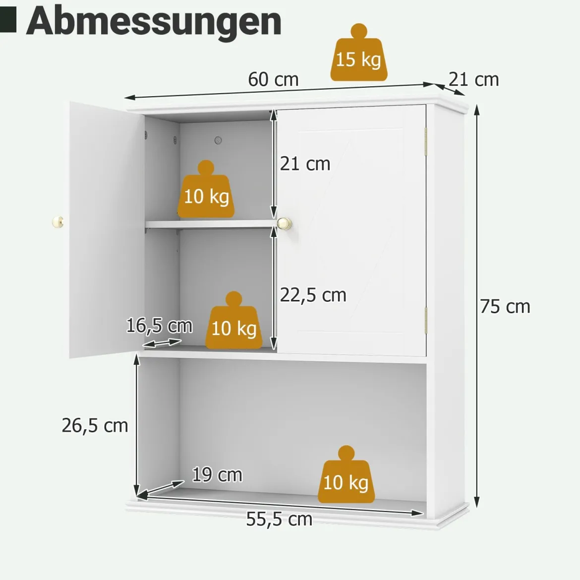 Badezimmerschrank zur Wandmontage 2-türiger Medizinschrank mit offener Ablage Weiß