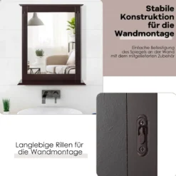 Badezimmerspiegel mit Ablage Rechteckiger Badspiegel Wandspiegel 68,5 x 57 x 12 cm Braun