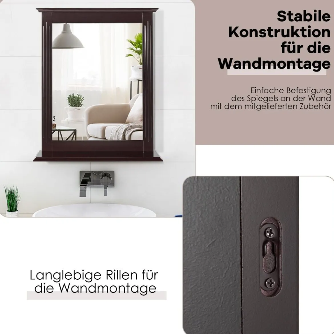 Badezimmerspiegel mit Ablage Rechteckiger Badspiegel Wandspiegel 68,5 x 57 x 12 cm Braun