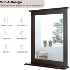 Badezimmerspiegel mit Ablage Rechteckiger Badspiegel Wandspiegel 68,5 x 57 x 12 cm Braun