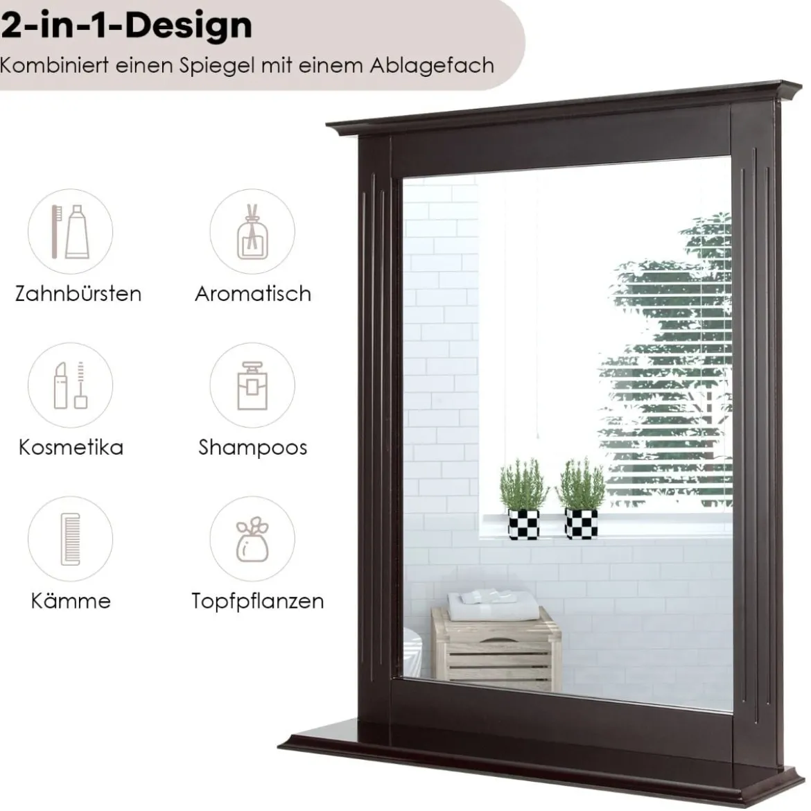 Badezimmerspiegel mit Ablage Rechteckiger Badspiegel Wandspiegel 68,5 x 57 x 12 cm Braun