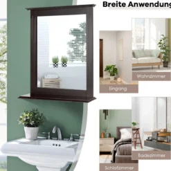 Badezimmerspiegel mit Ablage Rechteckiger Badspiegel Wandspiegel 68,5 x 57 x 12 cm Braun