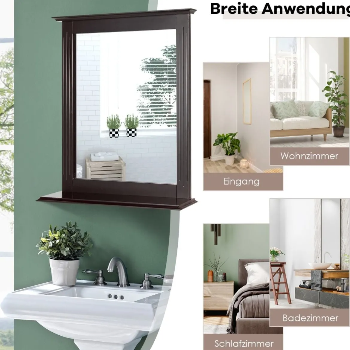 Badezimmerspiegel mit Ablage Rechteckiger Badspiegel Wandspiegel 68,5 x 57 x 12 cm Braun