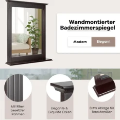 Badezimmerspiegel mit Ablage Rechteckiger Badspiegel Wandspiegel 68,5 x 57 x 12 cm Braun