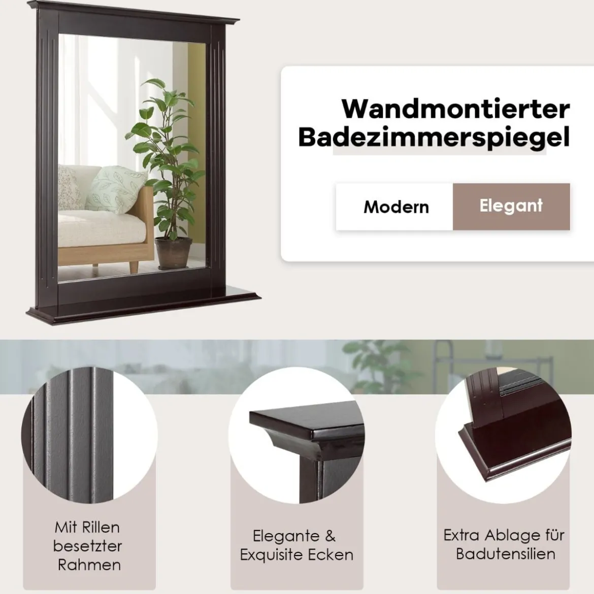 Badezimmerspiegel mit Ablage Rechteckiger Badspiegel Wandspiegel 68,5 x 57 x 12 cm Braun