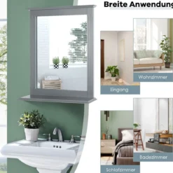 Badezimmerspiegel mit Ablage Rechteckiger Badspiegel Wandspiegel 68,5 x 57 x 12 cm Grau