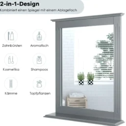 Badezimmerspiegel mit Ablage Rechteckiger Badspiegel Wandspiegel 68,5 x 57 x 12 cm Grau
