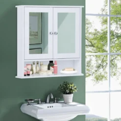 Badezimmer Spiegelschrank mit Höhenverstellbarer Ablage Badschrank mit Spiegel Weiß