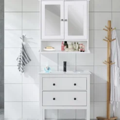 Badezimmer Spiegelschrank mit Höhenverstellbarer Ablage Badschrank mit Spiegel Weiß