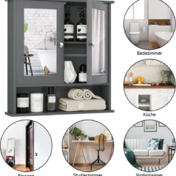 Badezimmer Spiegelschrank mit Höhenverstellbarer Ablage Badschrank mit Spiegel Grau