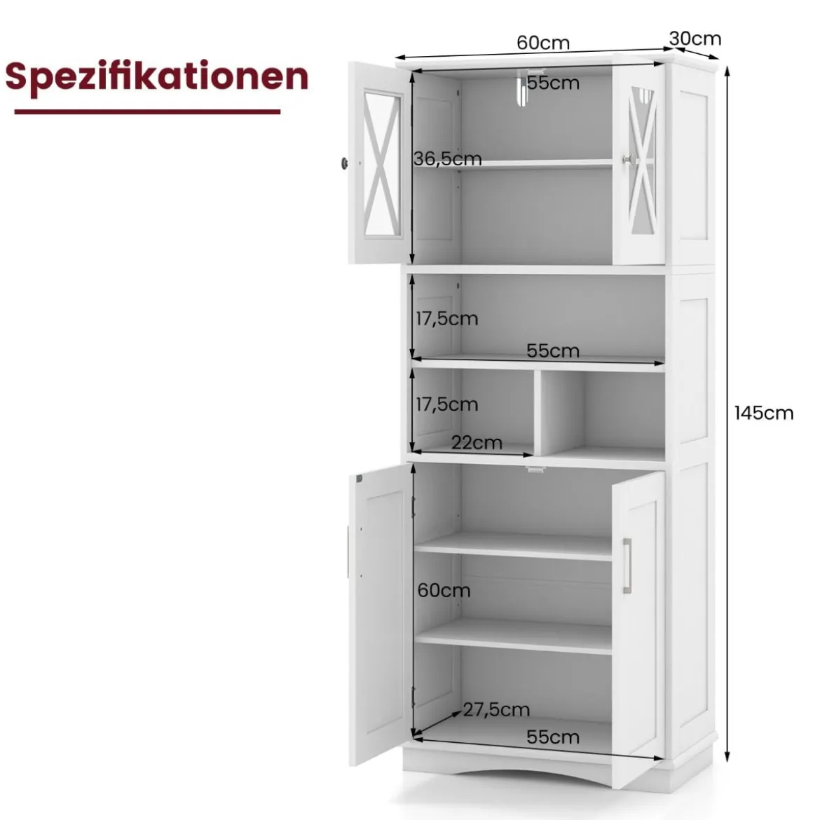 Bad Hochschrank mit Verstellbaren Regalen & Türen & 3 Fächern & Kippschutz Badschrank