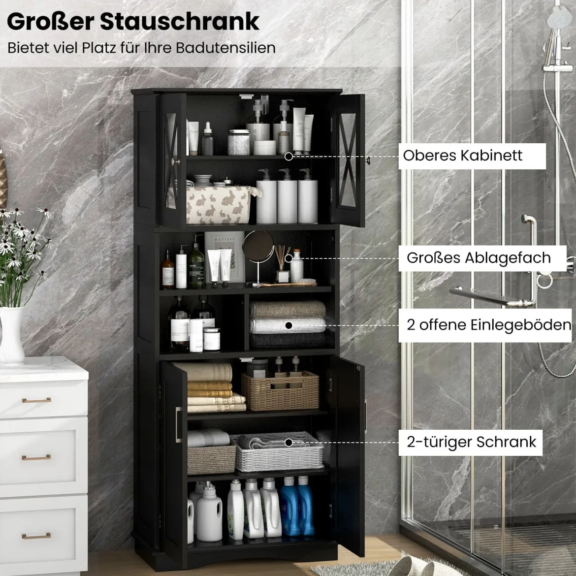 Bad Hochschrank mit Verstellbaren Regalen & Türen & 3 Fächern & Kippschutz Badschrank