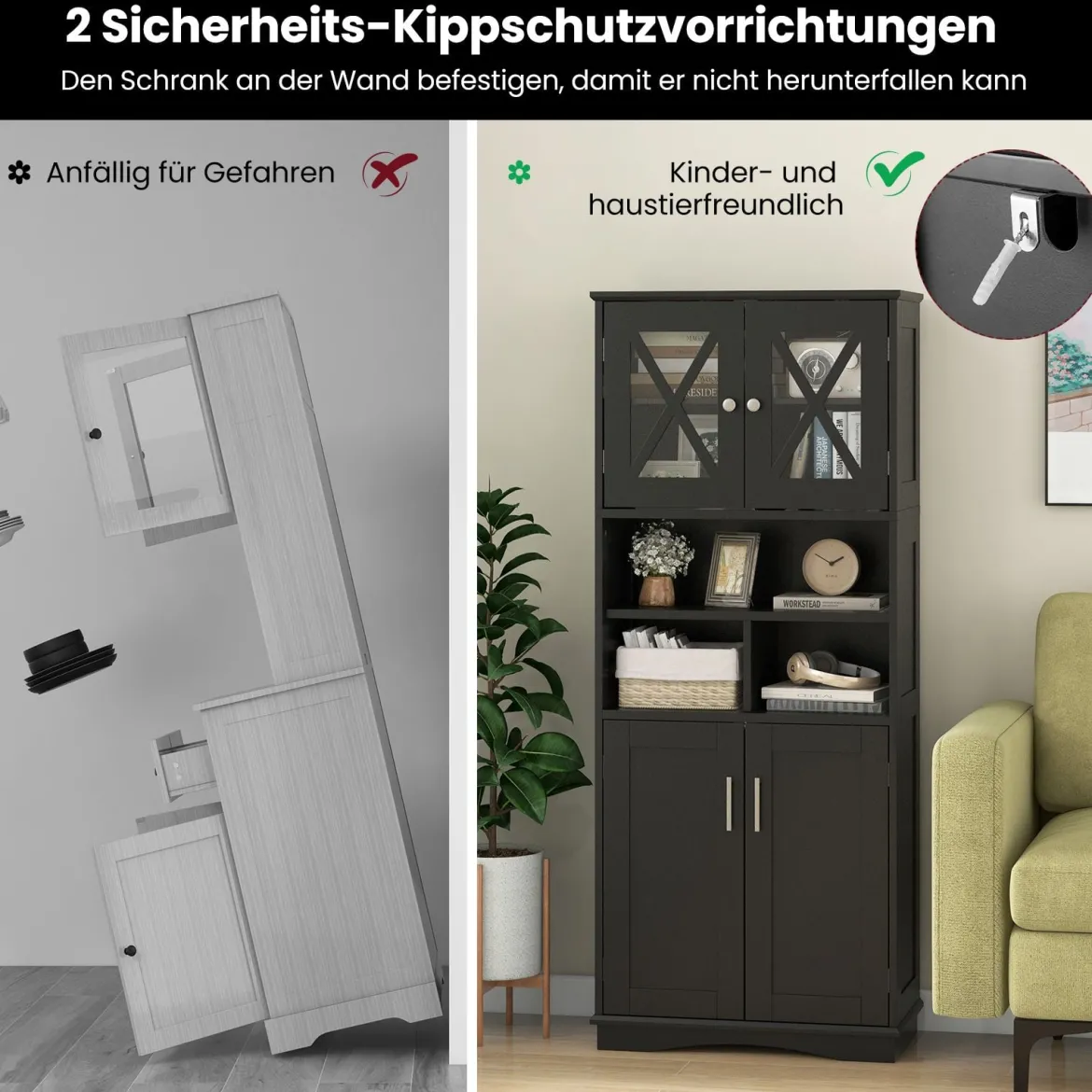 Bad Hochschrank mit Verstellbaren Regalen & Türen & 3 Fächern & Kippschutz Badschrank