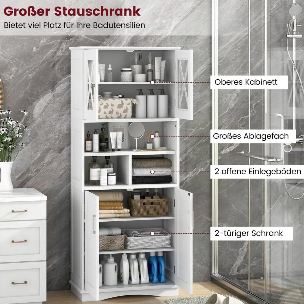 Bad Hochschrank mit Verstellbaren Regalen & Türen & 3 Fächern & Kippschutz Badschrank