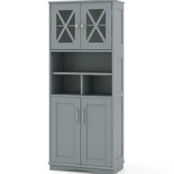Bad Hochschrank mit Verstellbaren Regalen & Türen & 3 Fächern & Kippschutz Badschrank