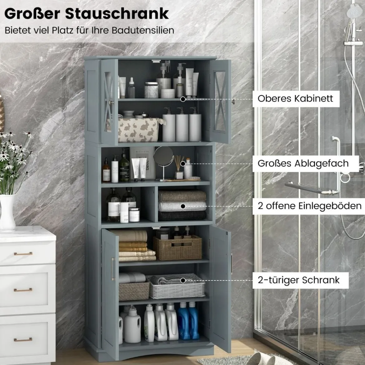 Bad Hochschrank mit Verstellbaren Regalen & Türen & 3 Fächern & Kippschutz Badschrank