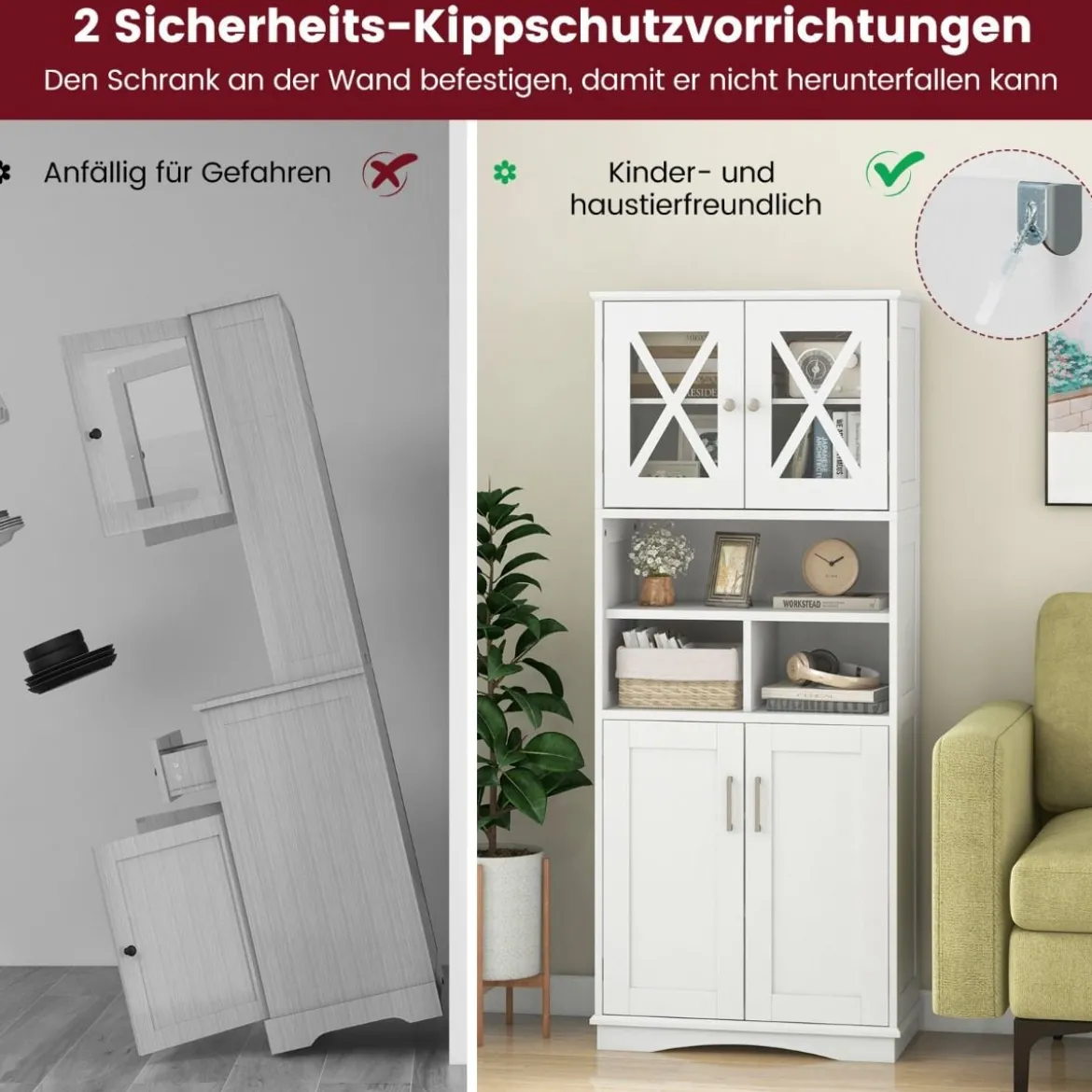 Bad Hochschrank mit Verstellbaren Regalen & Türen & 3 Fächern & Kippschutz Badschrank