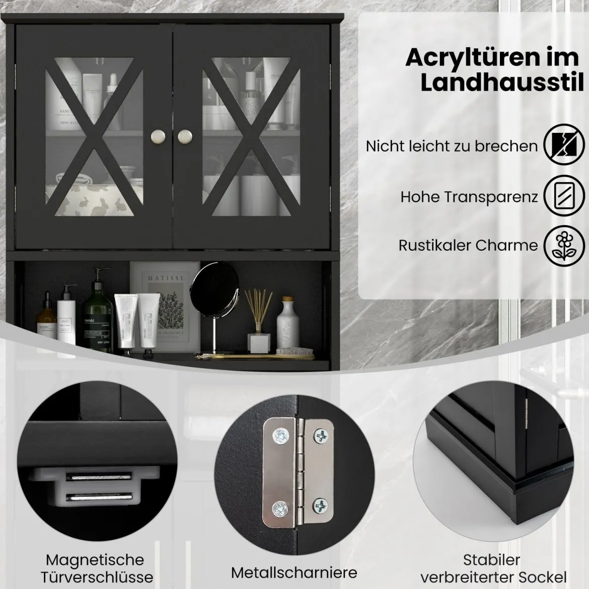 Bad Hochschrank mit Verstellbaren Regalen & Türen & 3 Fächern & Kippschutz Badschrank