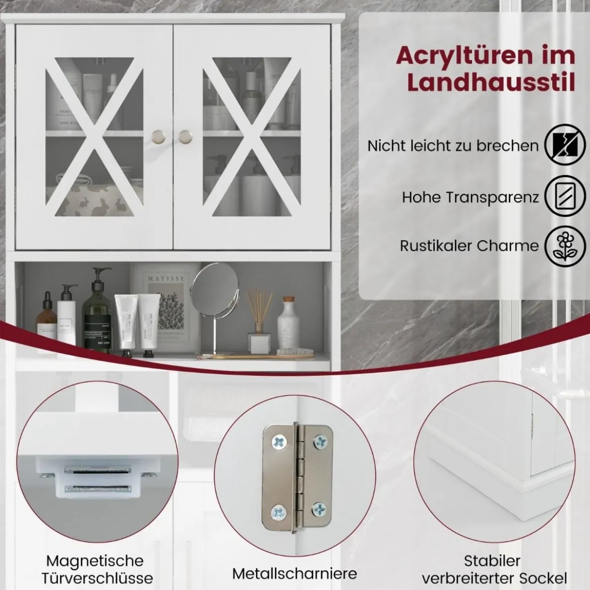 Bad Hochschrank mit Verstellbaren Regalen & Türen & 3 Fächern & Kippschutz Badschrank