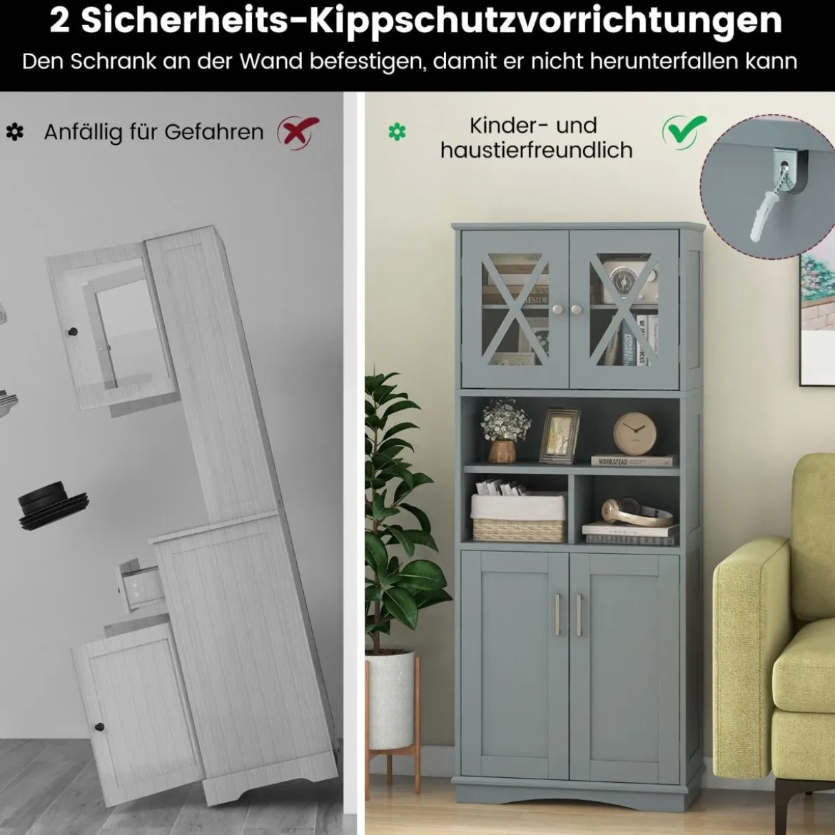 Bad Hochschrank mit Verstellbaren Regalen & Türen & 3 Fächern & Kippschutz Badschrank