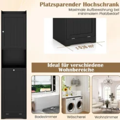 Bad Hochschrank mit Wäschekorb & Verstellbarem Regal Badezimmerschrank Badschrank Schwarz