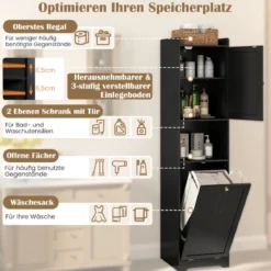 Bad Hochschrank mit Wäschekorb & Verstellbarem Regal Badezimmerschrank Badschrank Schwarz