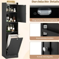 Bad Hochschrank mit Wäschekorb & Verstellbarem Regal Badezimmerschrank Badschrank Schwarz