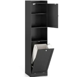 Bad Hochschrank mit Wäschekorb & Verstellbarem Regal Badezimmerschrank Badschrank Schwarz