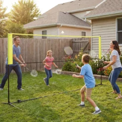 Badmintonnetz mit Ständer Federballnetz höhenverstellbar mit 2 Federbällen & Tragetasche 310 x 102 x 89–155 cm Gelb