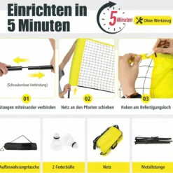 Badmintonnetz mit Ständer Federballnetz höhenverstellbar mit 2 Federbällen & Tragetasche 310 x 102 x 89–155 cm Gelb