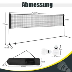 Badmintonnetz mit Ständer Federballnetz höhenverstellbar mit 2 Federbällen & Tragetasche 420 x 102 x 89–155 cm Schwarz