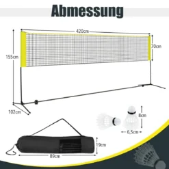 Badmintonnetz mit Ständer Federballnetz höhenverstellbar mit 2 Federbällen & Tragetasche 420 x 102 x 89–155 cm Gelb