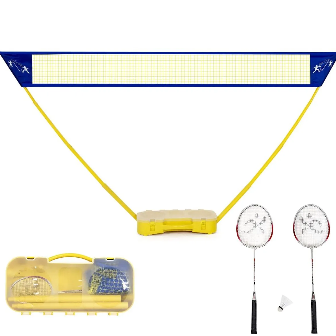 Badminton Netz Set Höhenverstellbares Federballnetz mit Federball und Federballschläger Gelb