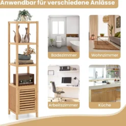 Badregal Bambus Standregal mit 4 Ebenen Regalen und Lamellentür 34 x 33 x 140 cm Natur