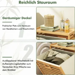 Badregal mit Wäschekorb 68 L Regal aus Bambus Badschrank mit Ablage Natur 50 x 35 x 64 cm