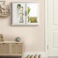 Badschrank mit Doppelten Spiegeltüren & 2 Regalen 60 x 50 x 14,5 cm Weiß